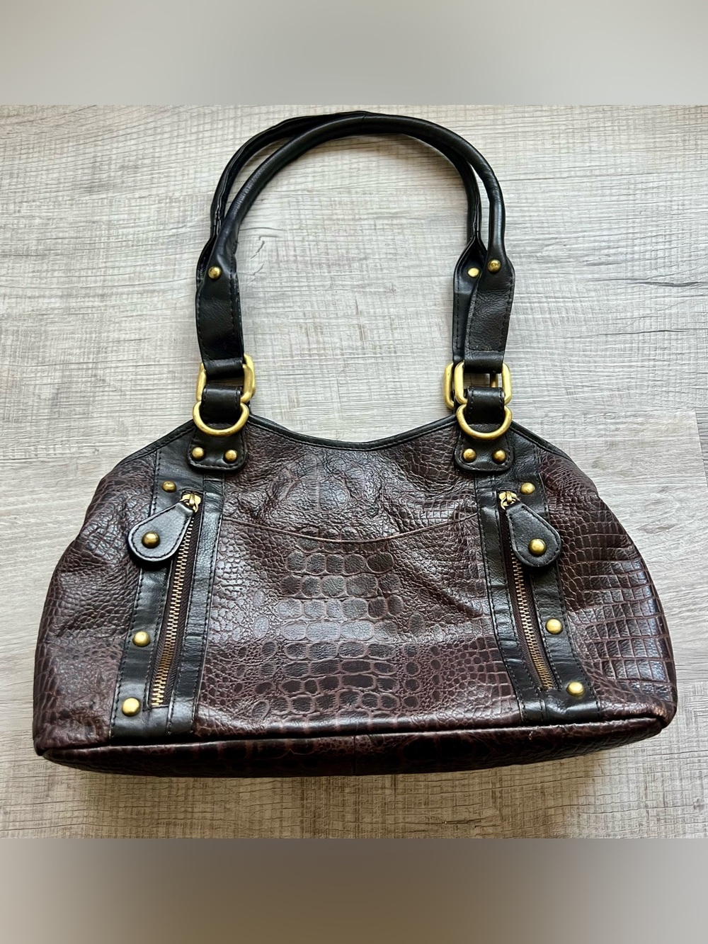 Great American Leatherworks Satchel Shoulder Bag Croc Embossed Brown Black - Picture 12 of 12